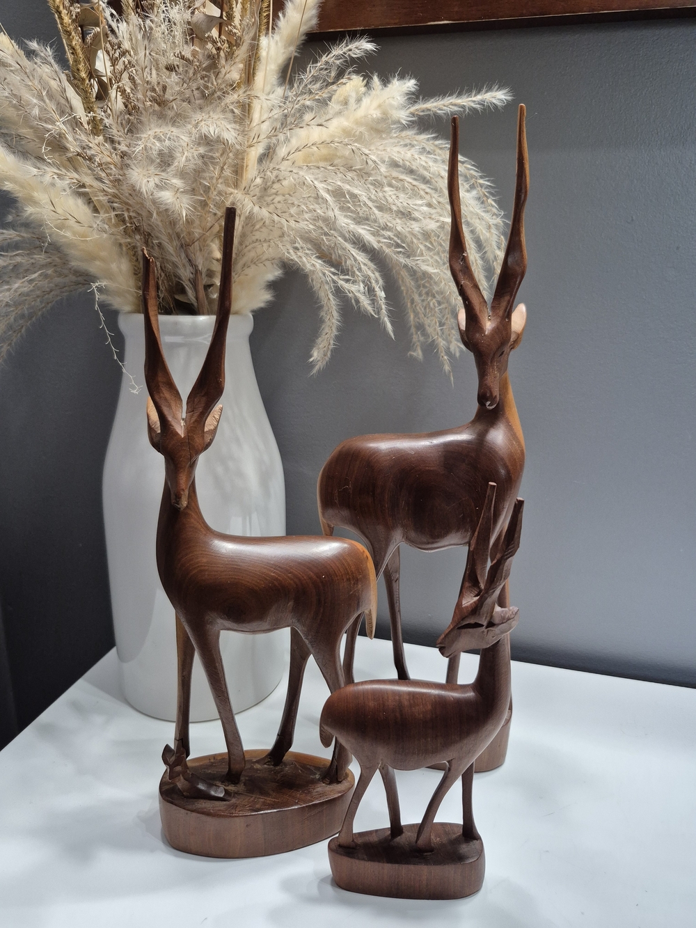 Vintage MCM Hand Carved Wooden Gazelle Antelope Family Set of 3 - Made in Kenya